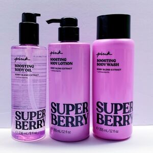 Victoria's Secret Pink SUPER BERRY Boosting Body Oil, Body Lotion, and Body Wash
